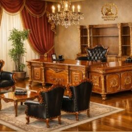 میز مدیریت کلاسیک وزیری ال‌دار با کشو و کمد - تولید کننده میز اداری کلاسیک نوفر
