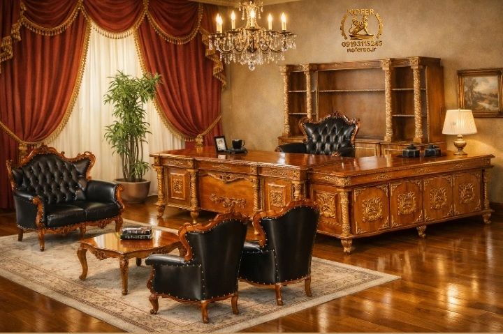 میز مدیریت کلاسیک وزیری الدار با کشو و کمد - تولید کننده میز اداری کلاسیک نوفر
