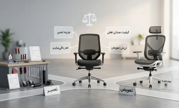 یک صندلی خراب با ابزار تعمیر و صندلی نو برای تعویض